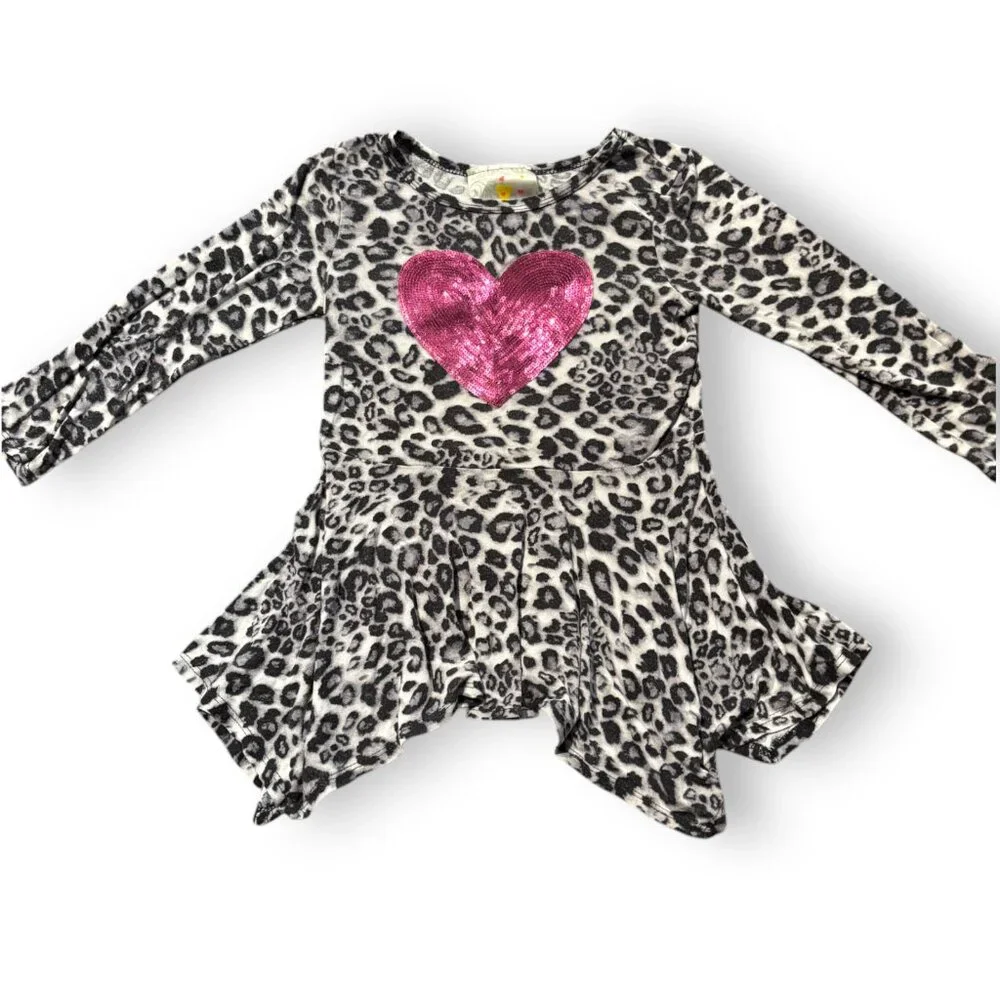 Jenna & Jesse girl's long sleeve leopard print pink sequins heart shirt sz 5